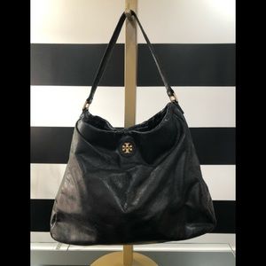 SOLD. Tory Burch Black w/Gold Logo Leather Hobo Handbag